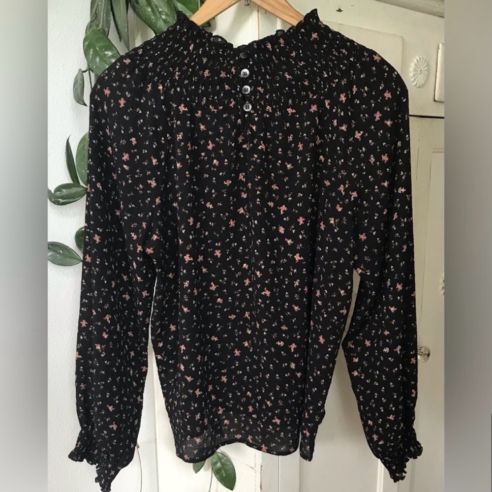 Madewell | Women’s black floral smocked mock neck/sleeve hem shirt size L - Picture 9 of 16